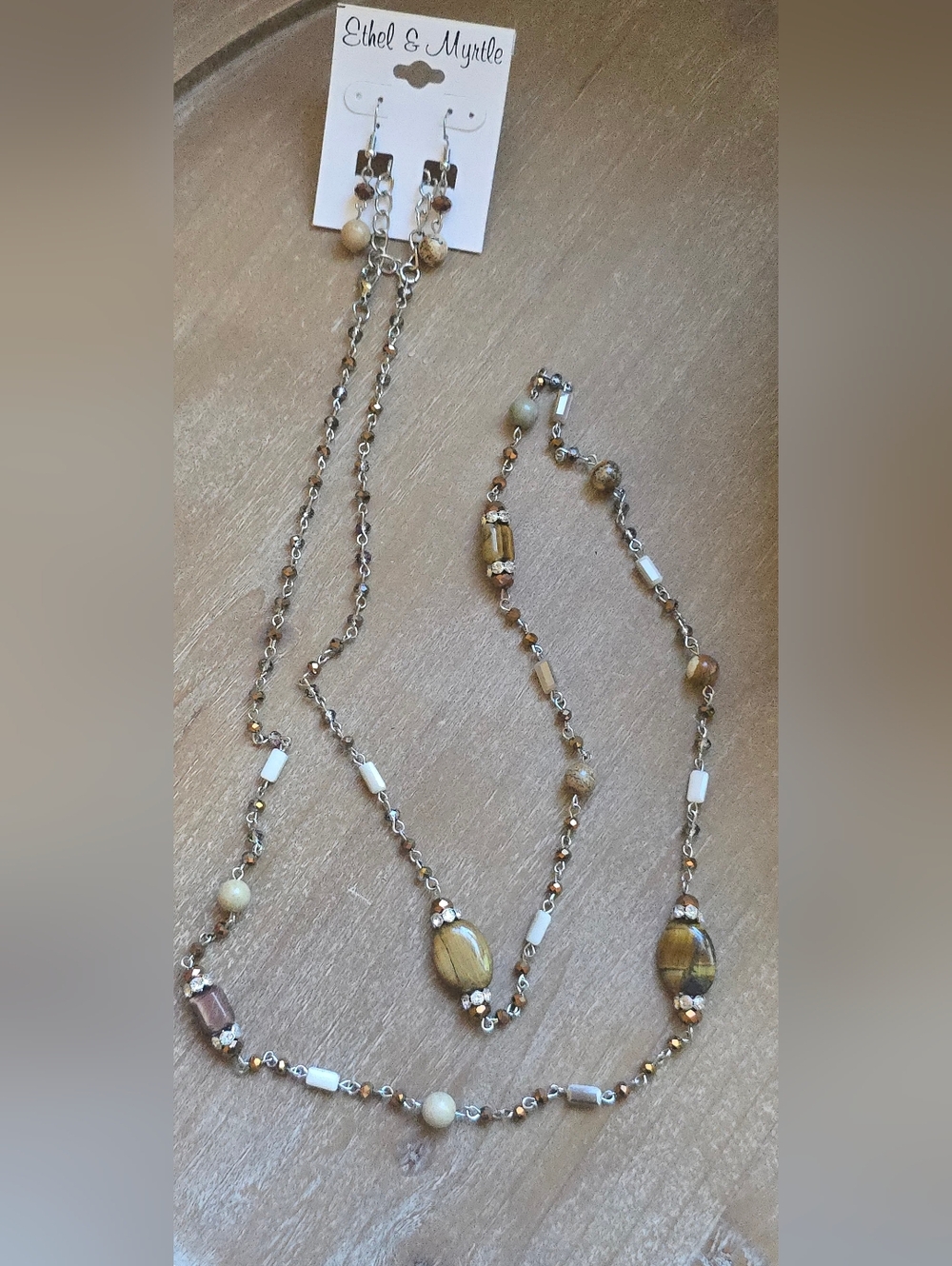 NWT Long Beaded Necklace in Beige and Gold Tones